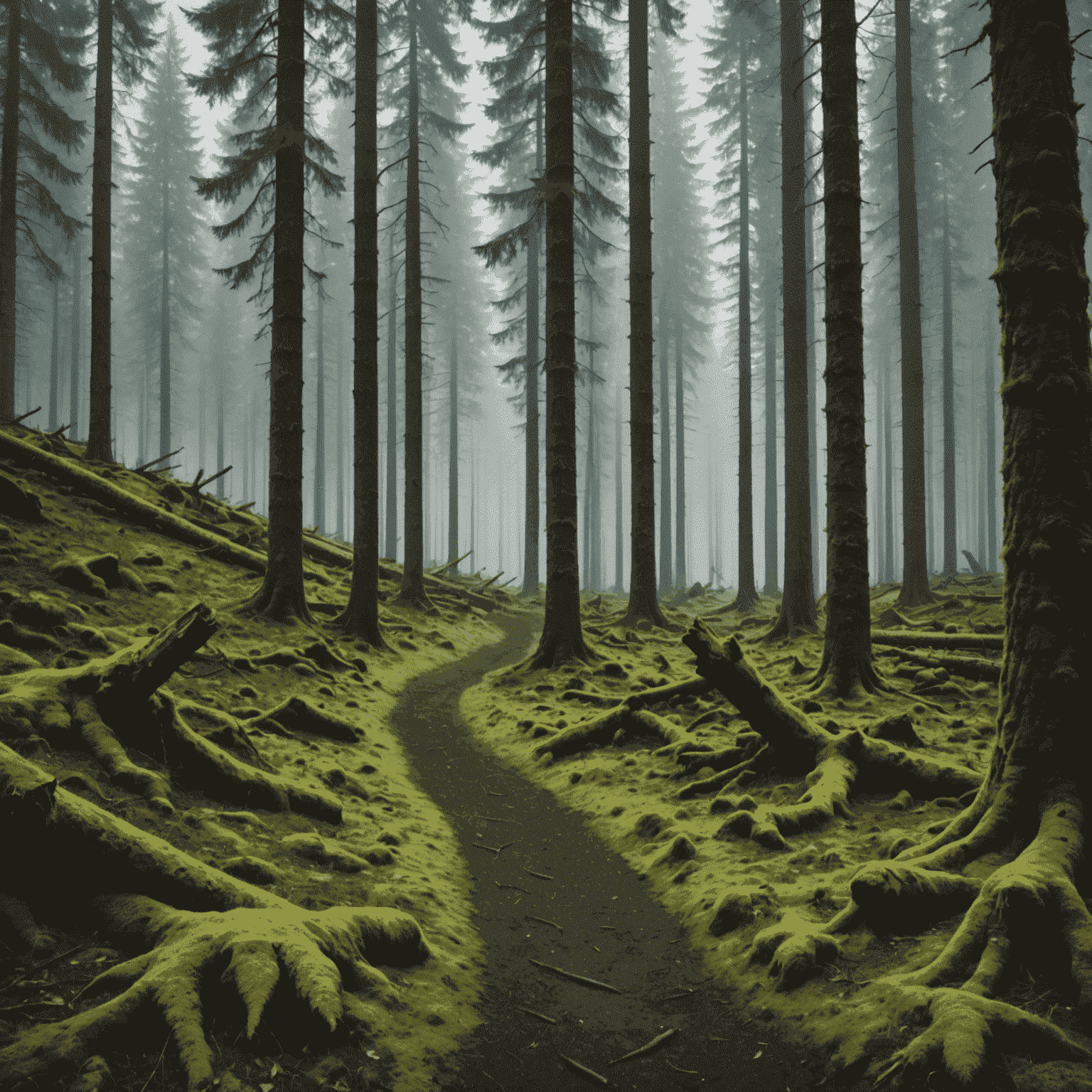 Dichter Schwarzwald mit nebligen Morgenstimmung, hohe Tannen und moosbedeckter Waldboden