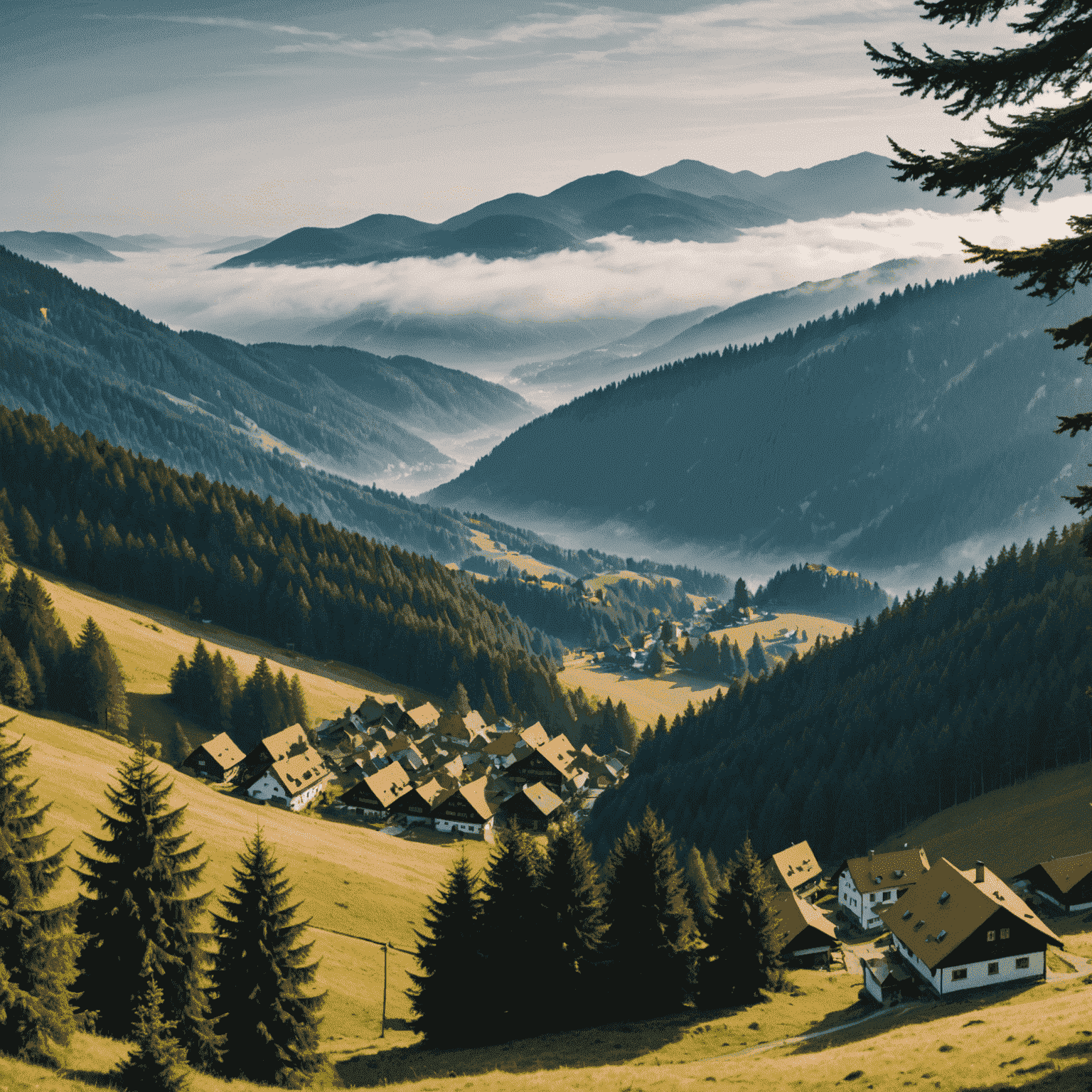 Panoramablick auf den dichten Schwarzwald mit nebelverhangenen Tälern, alten Tannen und einem kleinen Dorf mit roten Dächern im Vordergrund