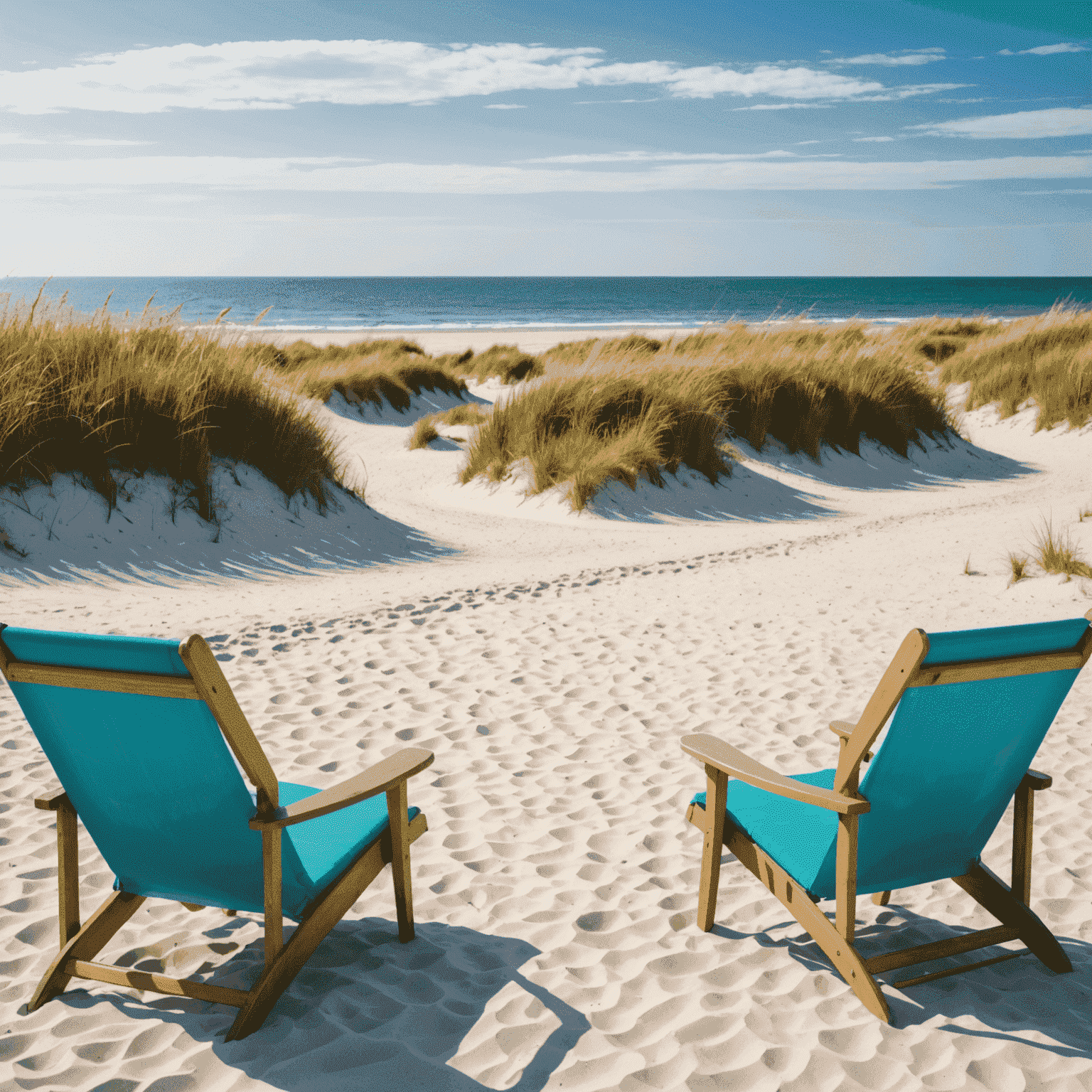 Panoramablick auf einen malerischen Ostseestrand mit weißem Sand, türkisfarbenem Wasser und traditionellen Strandkörben im Vordergrund. Im Hintergrund sind sanfte Dünen mit Strandgras zu sehen.