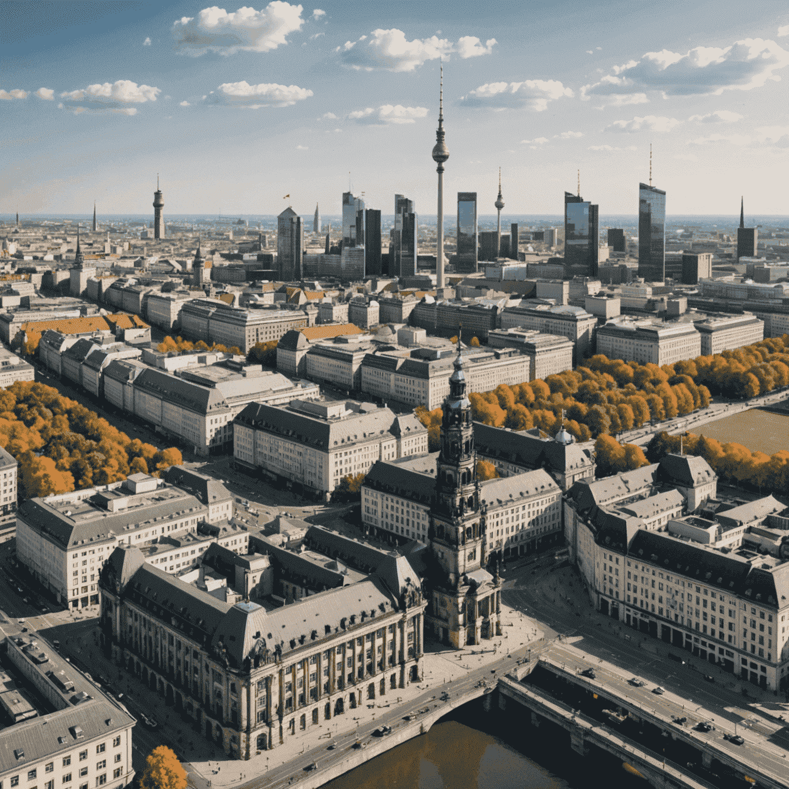 Panoramic view of Berlin skyline with the TV Tower, Brandenburg Gate, and Reichstag building visible. The image captures the blend of modern and historical architecture that defines Germany's capital.