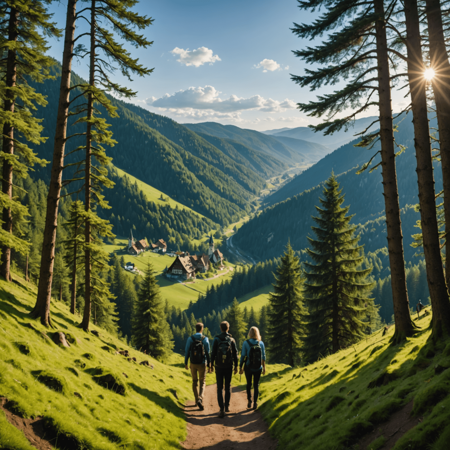 Eine Gruppe von Touristen, die von einem Experten durch den dichten Schwarzwald geführt wird, mit Blick auf malerische Landschaften und versteckte Sehenswürdigkeiten