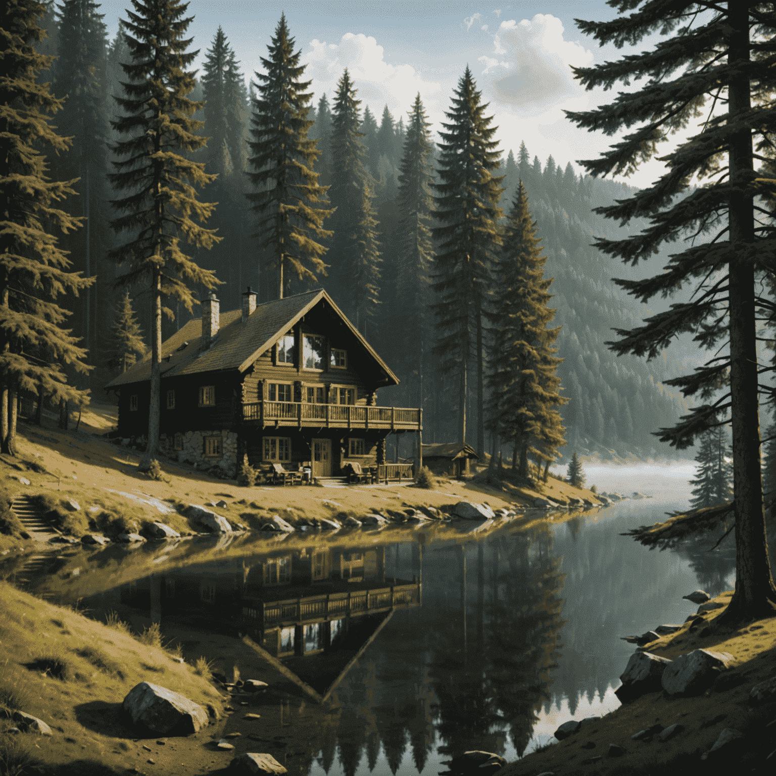 A panoramic view of a cozy Black Forest chalet nestled among tall pine trees, with a misty morning atmosphere and a glimpse of a serene lake in the distance