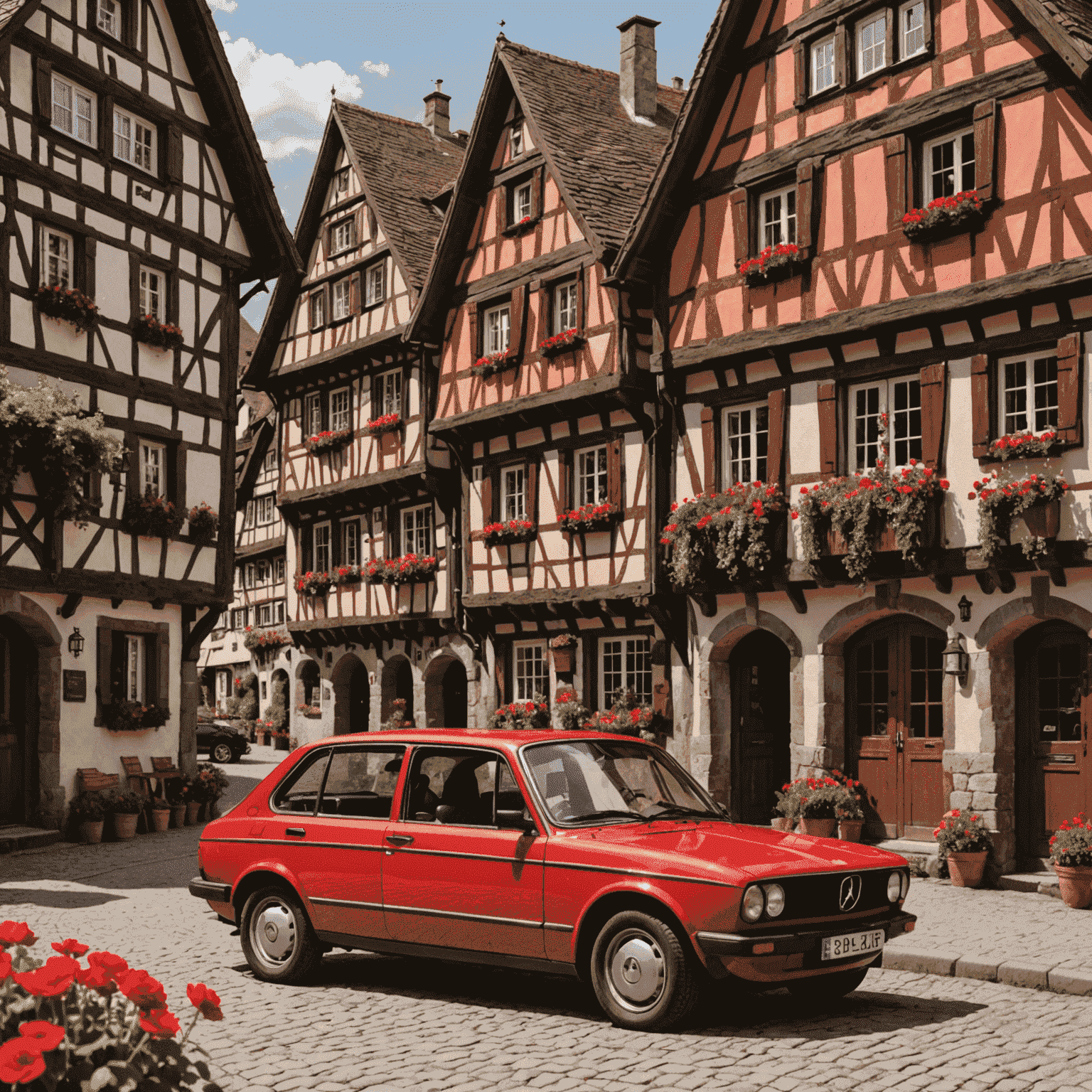 Ein roter Mietwagen parkt vor einem malerischen deutschen Dorf mit Fachwerkhäusern und blühenden Blumen