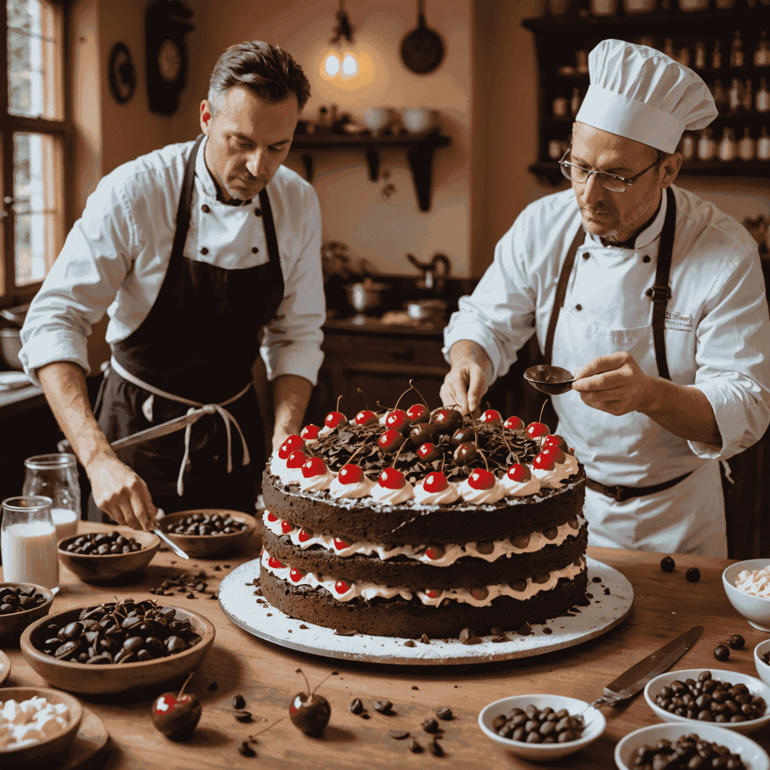Traditionelle Schwarzwälder Kirschtorten-Herstellung im Schwarzwald. Ein Bäcker zeigt Teilnehmern, wie man die berühmte Torte mit Kirschen, Sahne und Schokolade zubereitet.