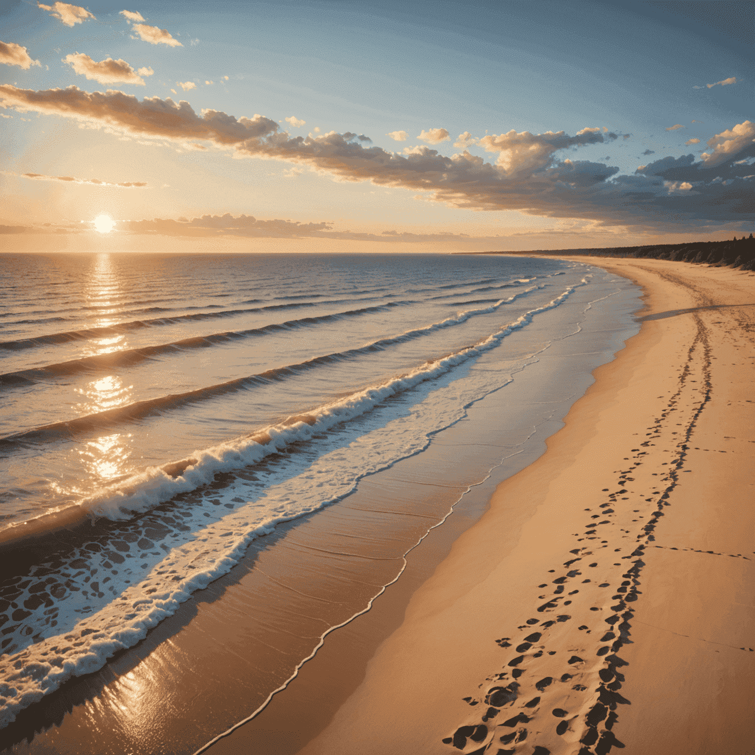 Weite Ostseeküste mit goldenem Sandstrand, sanften Wellen und einem leuchtenden Sonnenuntergang am Horizont