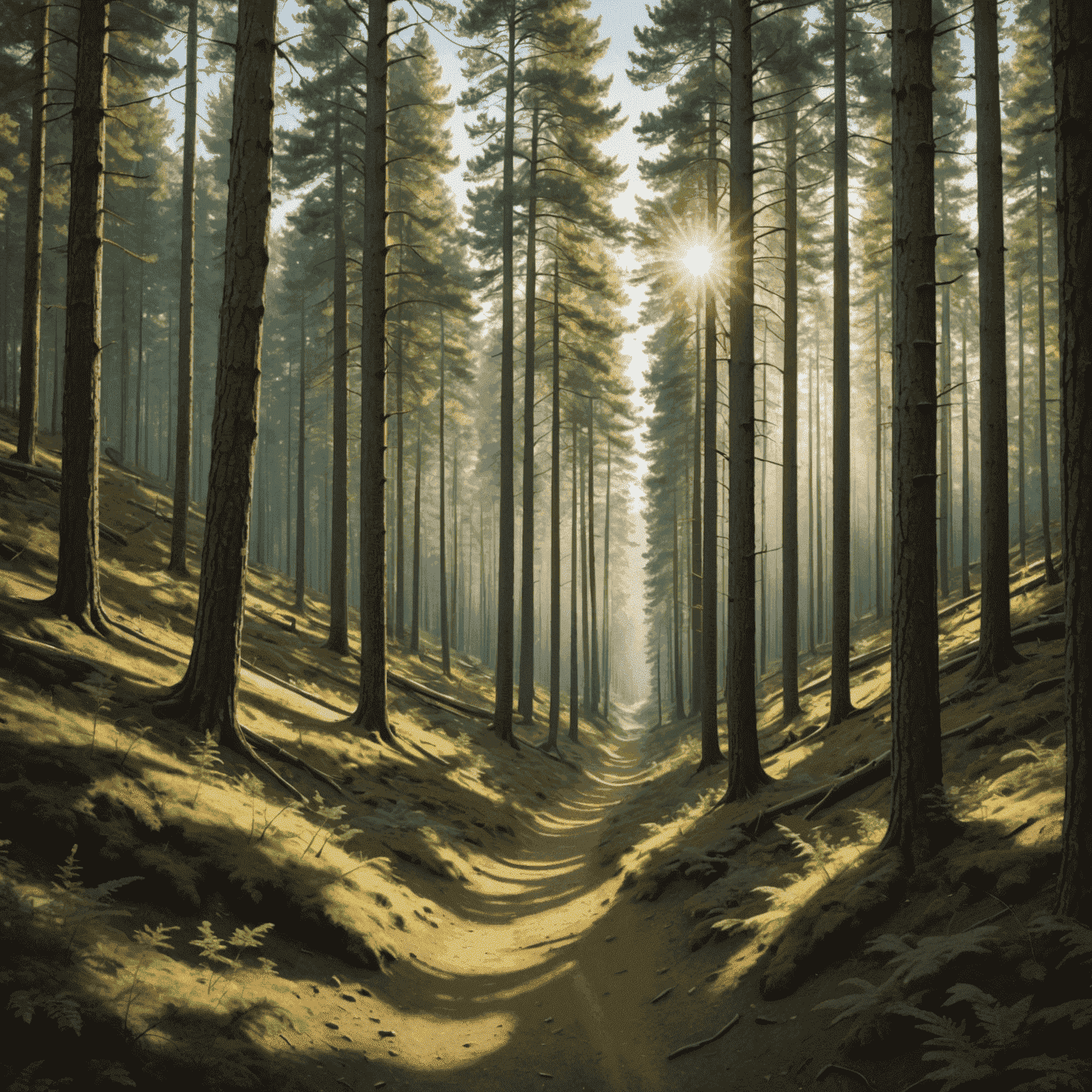 Ein schmaler Wanderweg, der sich durch einen dichten Tannenwald schlängelt, mit Sonnenstrahlen, die durch die Baumkronen fallen