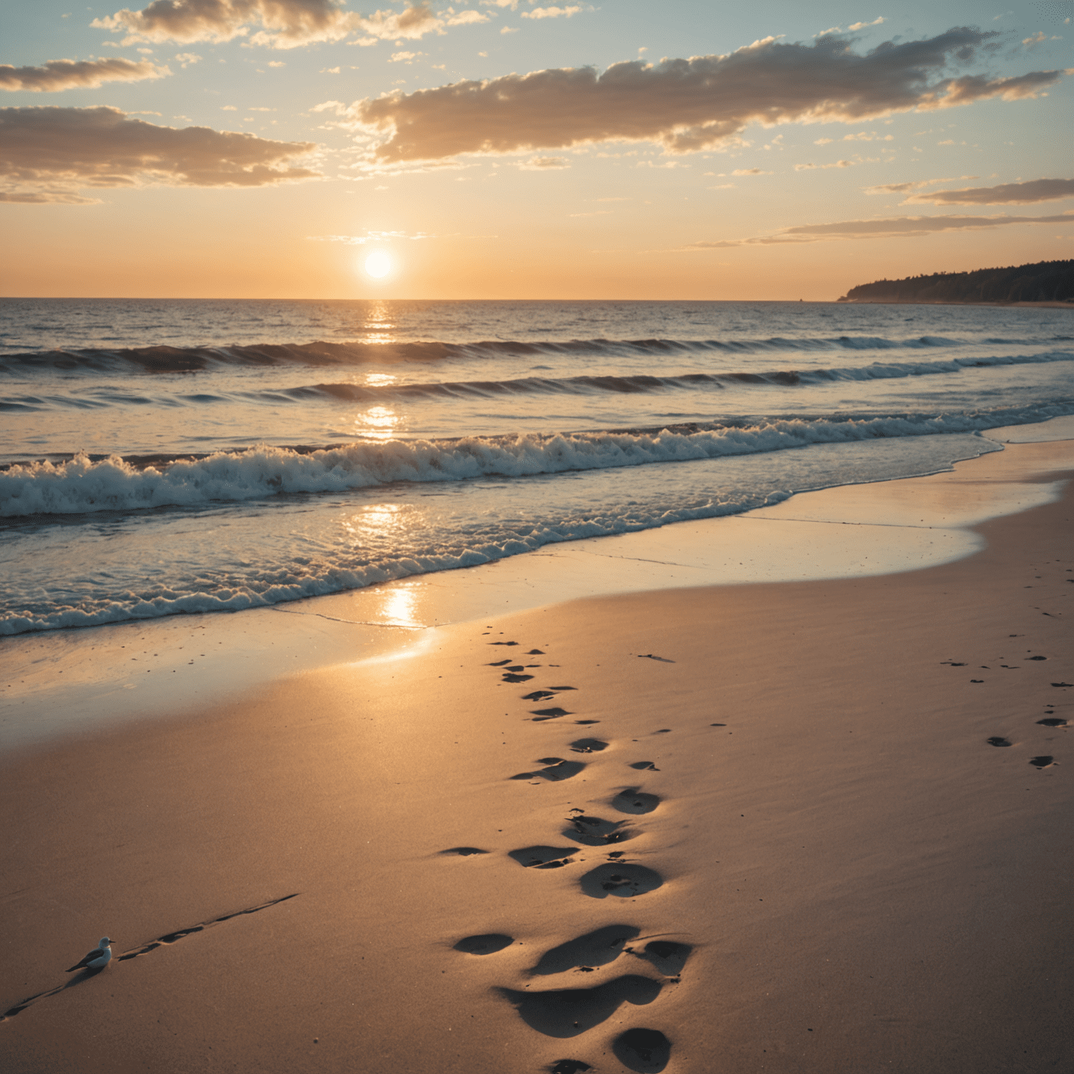 Nahaufnahme eines ruhigen Ostseestrand bei Sonnenuntergang. Goldenes Licht fällt auf den feinen, weißen Sand, während sanfte Wellen das Ufer umspielen. Im Hintergrund sind einige Möwen zu sehen.
