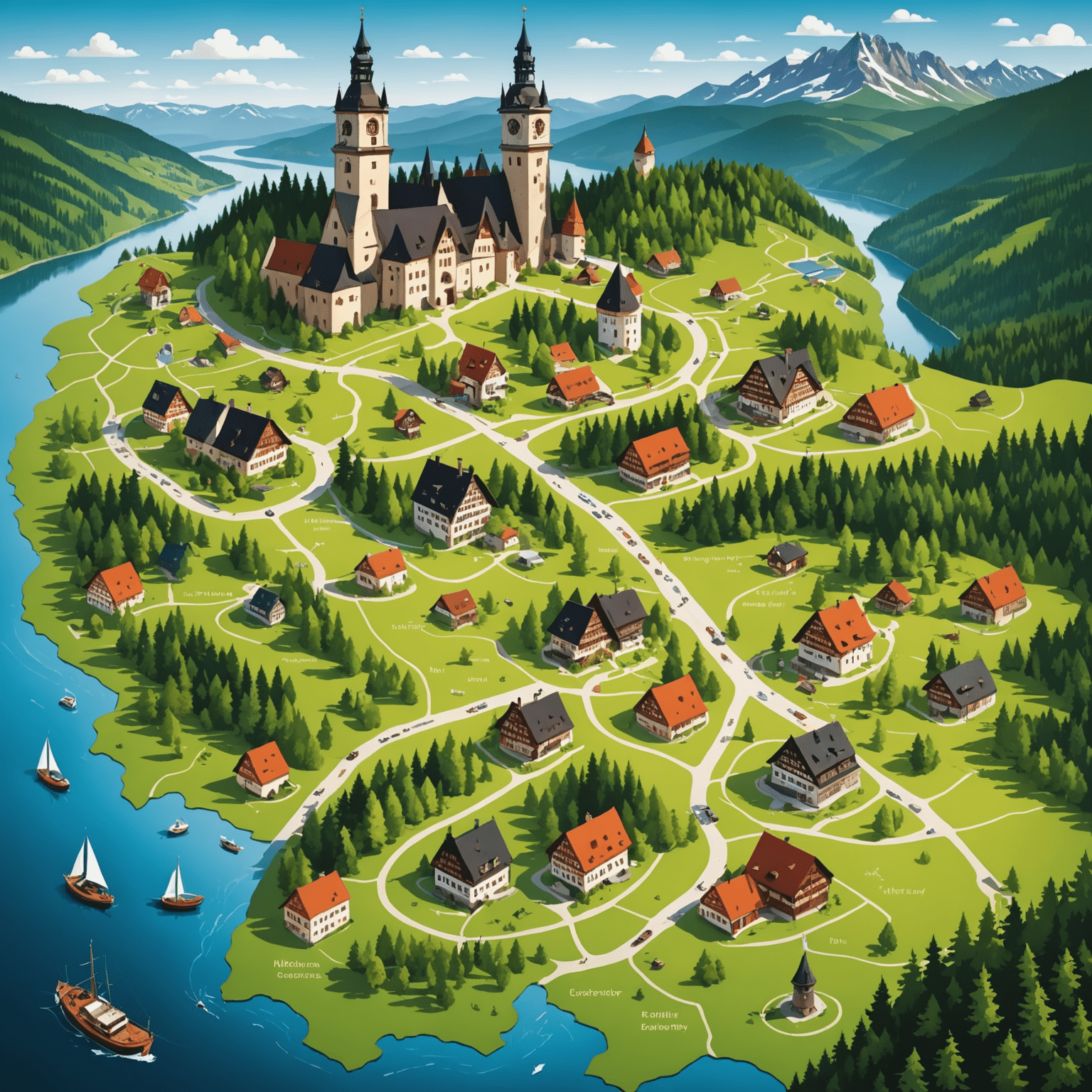 Ein detaillierter Reiseplan mit Karte von Deutschland, der verschiedene Sehenswürdigkeiten vom Schwarzwald bis zur Ostsee hervorhebt