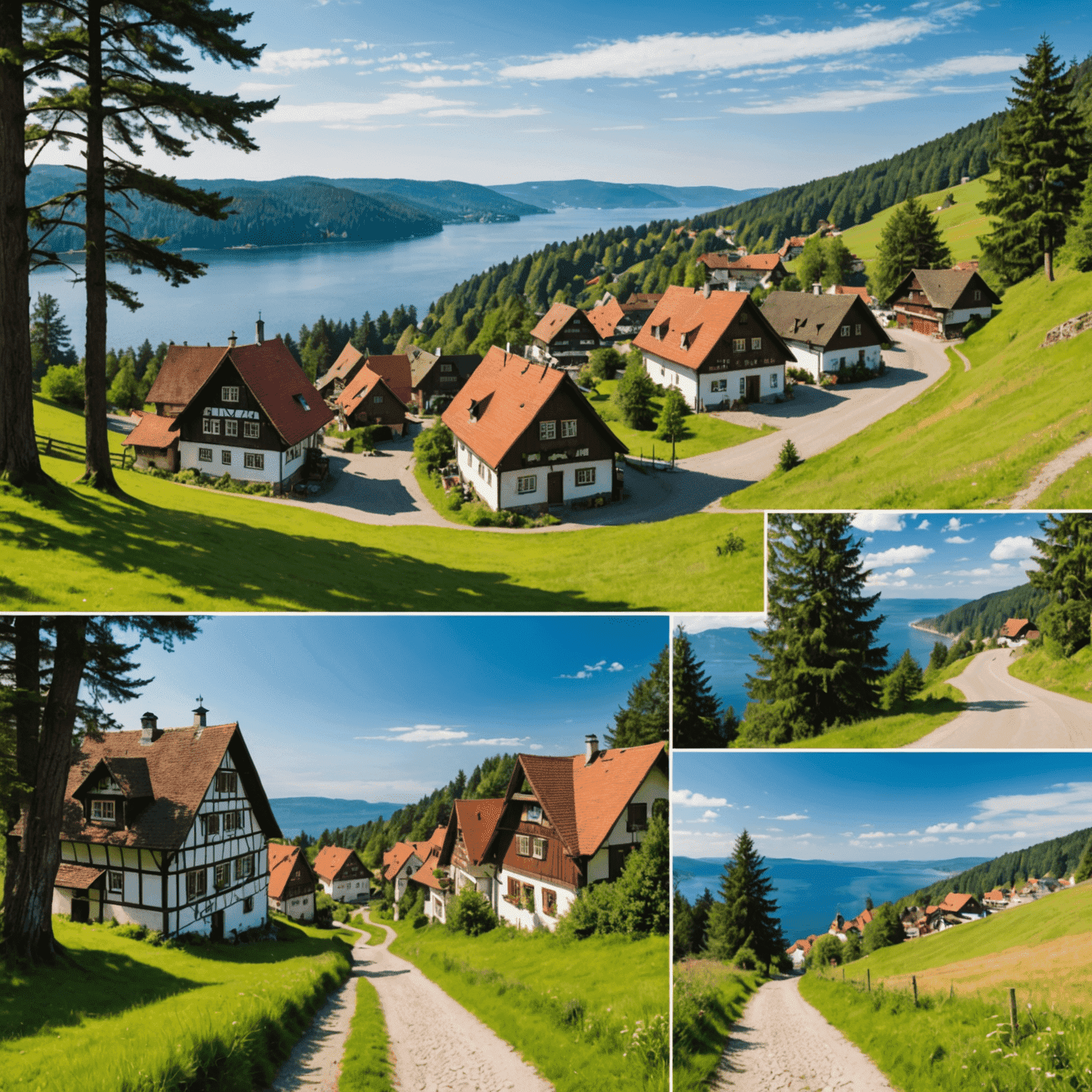Collage of German landscapes: Black Forest trail, a quaint Bavarian village, and a serene Baltic Sea beach