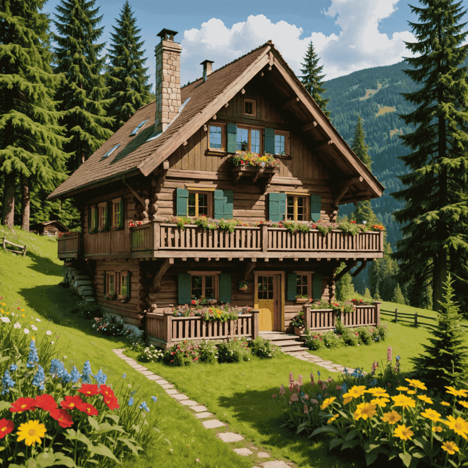A charming wooden chalet in the Black Forest, surrounded by tall pine trees and colorful wildflowers, with a traditional sloped roof and flower boxes on the windows