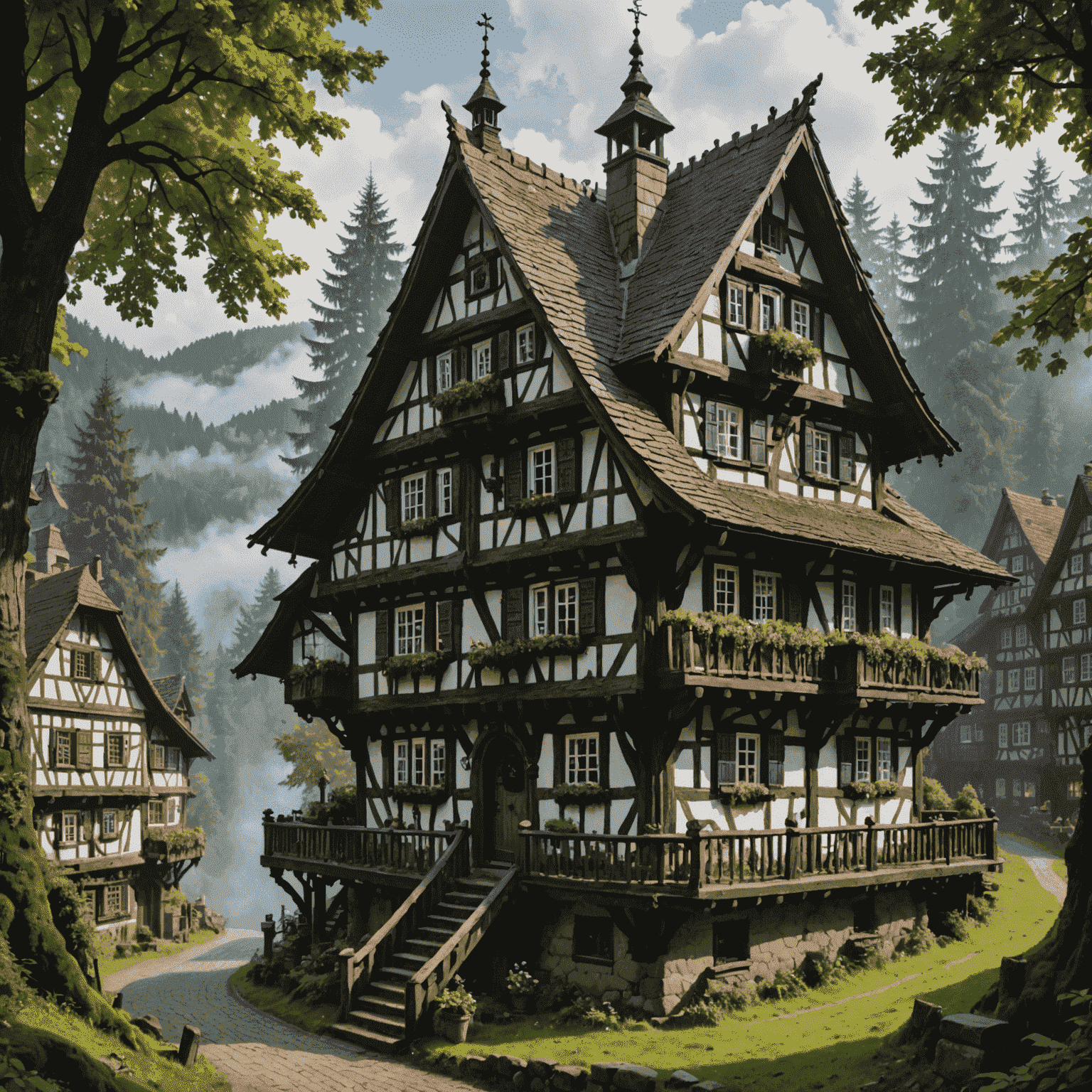 Dichter Schwarzwald mit mystischen Nebelschwaden, traditionellen Fachwerkhäusern und einer kunstvoll geschnitzten Kuckucksuhr im Vordergrund