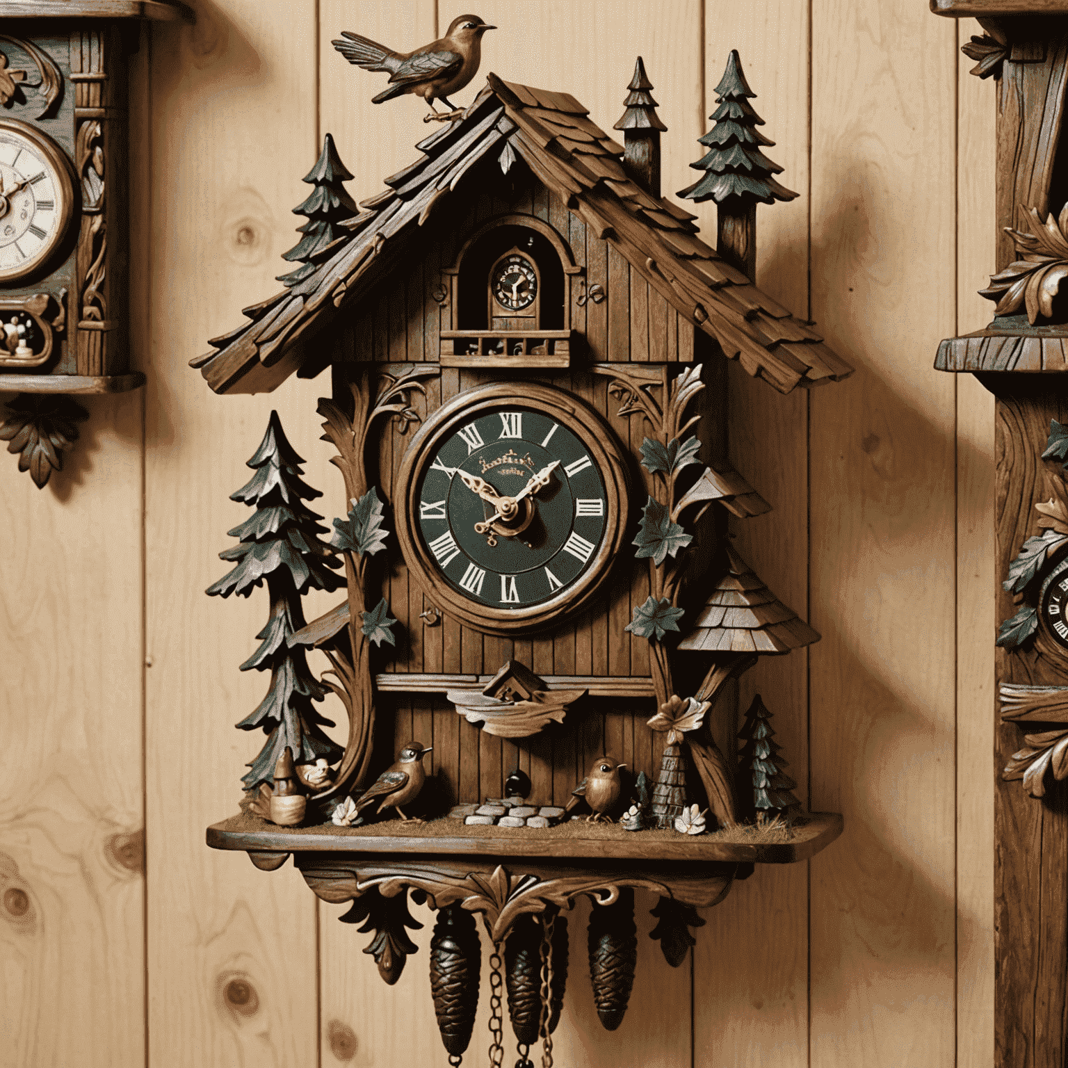 Eine detailliert geschnitzte, traditionelle Schwarzwälder Kuckucksuhr mit Waldmotiven und beweglichen Figuren in einer alten Holzwerkstatt