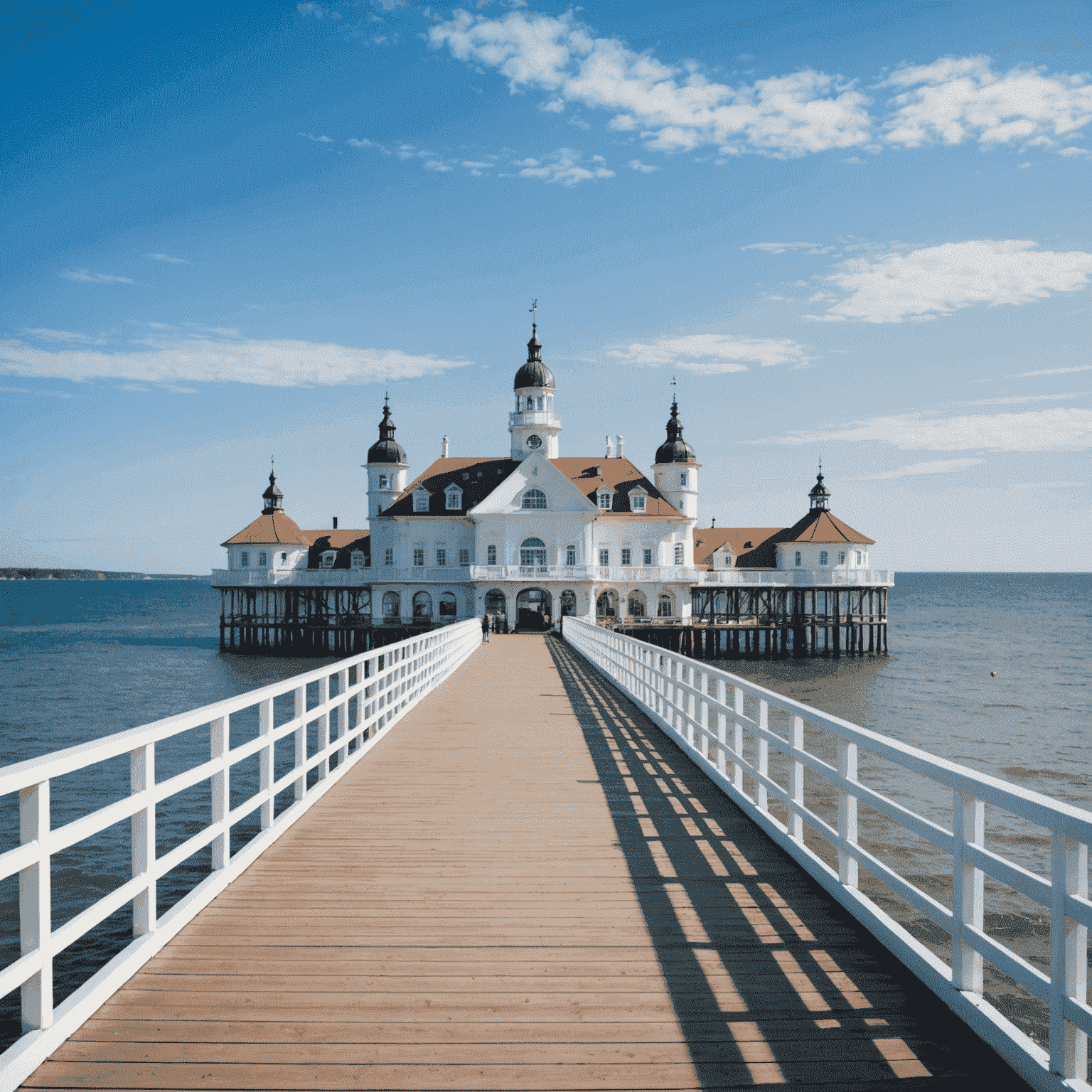 Blick auf die berühmte Seebrücke von Sellin auf Rügen. Die weiße, filigrane Holzkonstruktion erstreckt sich weit ins Meer hinaus. Am Ende der Brücke befindet sich ein prächtiges weißes Gebäude im Bäderstil.