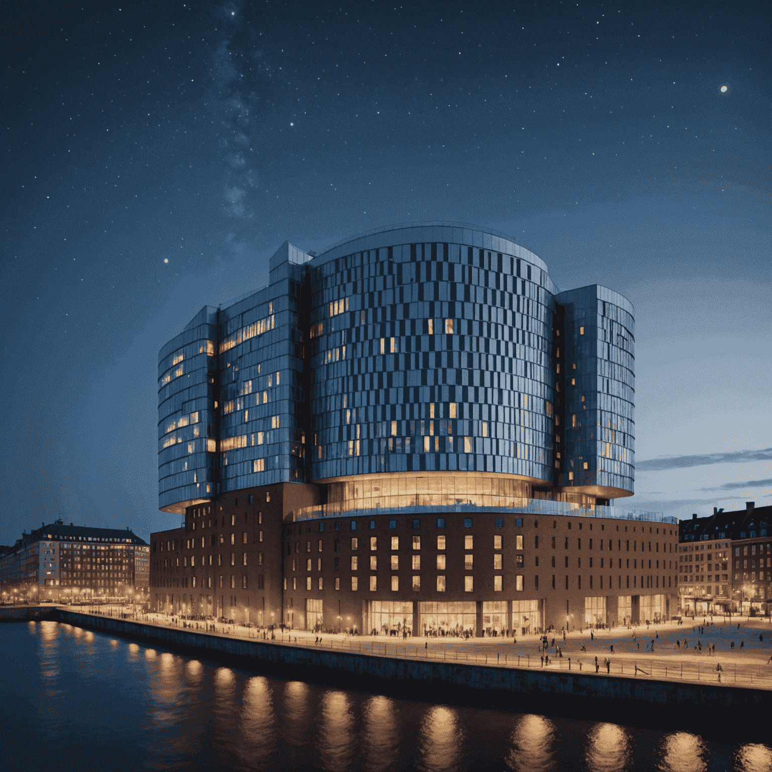 The Elbphilharmonie concert hall in Hamburg at night, its glass facade illuminated and reflecting in the waters of the Elbe River. Modern ships and traditional harbor elements visible in the foreground, showcasing Hamburg's maritime heritage and contemporary architecture.