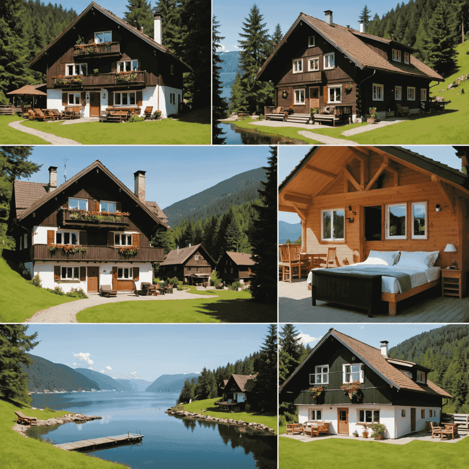 Eine Collage von verschiedenen Unterkünften, darunter ein gemütliches Schwarzwaldchalet und ein elegantes Ostsee-Resort