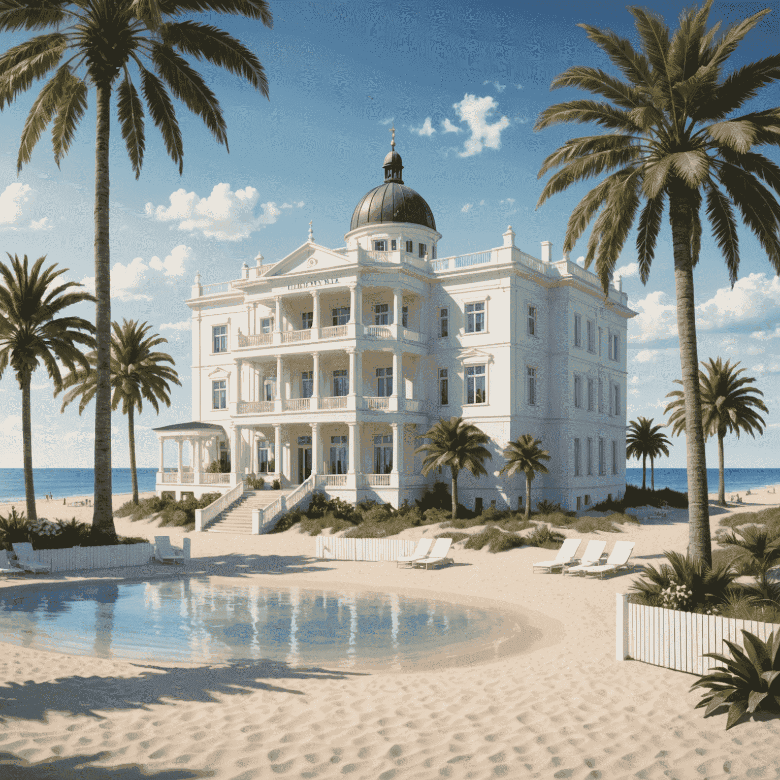 An elegant Baltic seaside resort with a grand white facade, palm trees lining the entrance, and a view of the sandy beach and blue sea in the background