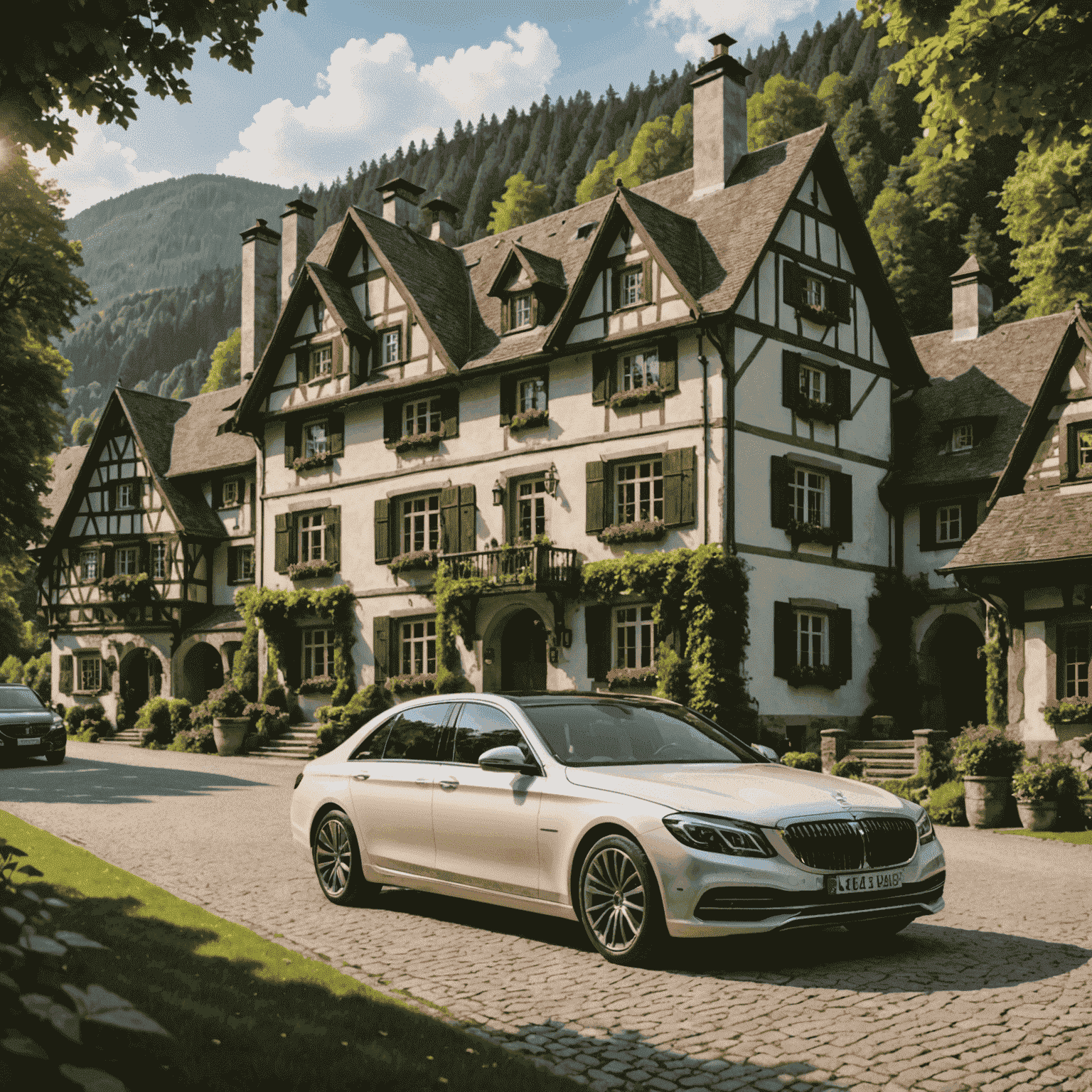 Ein luxuriöser Privatwagen wartet vor einem pittoresken deutschen Gasthaus, umgeben von üppiger Waldlandschaft