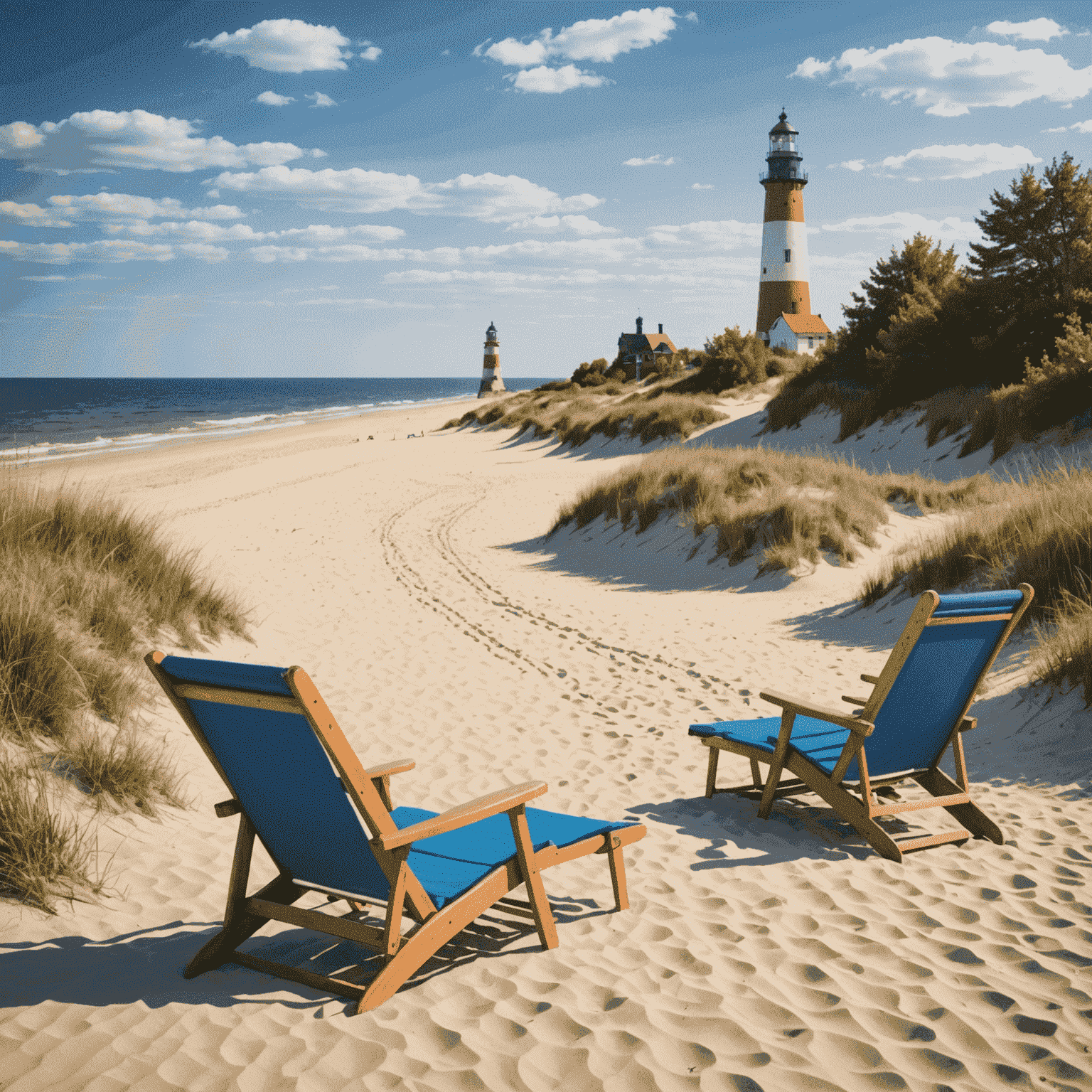 Weiter Sandstrand der Ostsee mit Strandkörben, sanften Dünen und einem historischen Leuchtturm in der Ferne