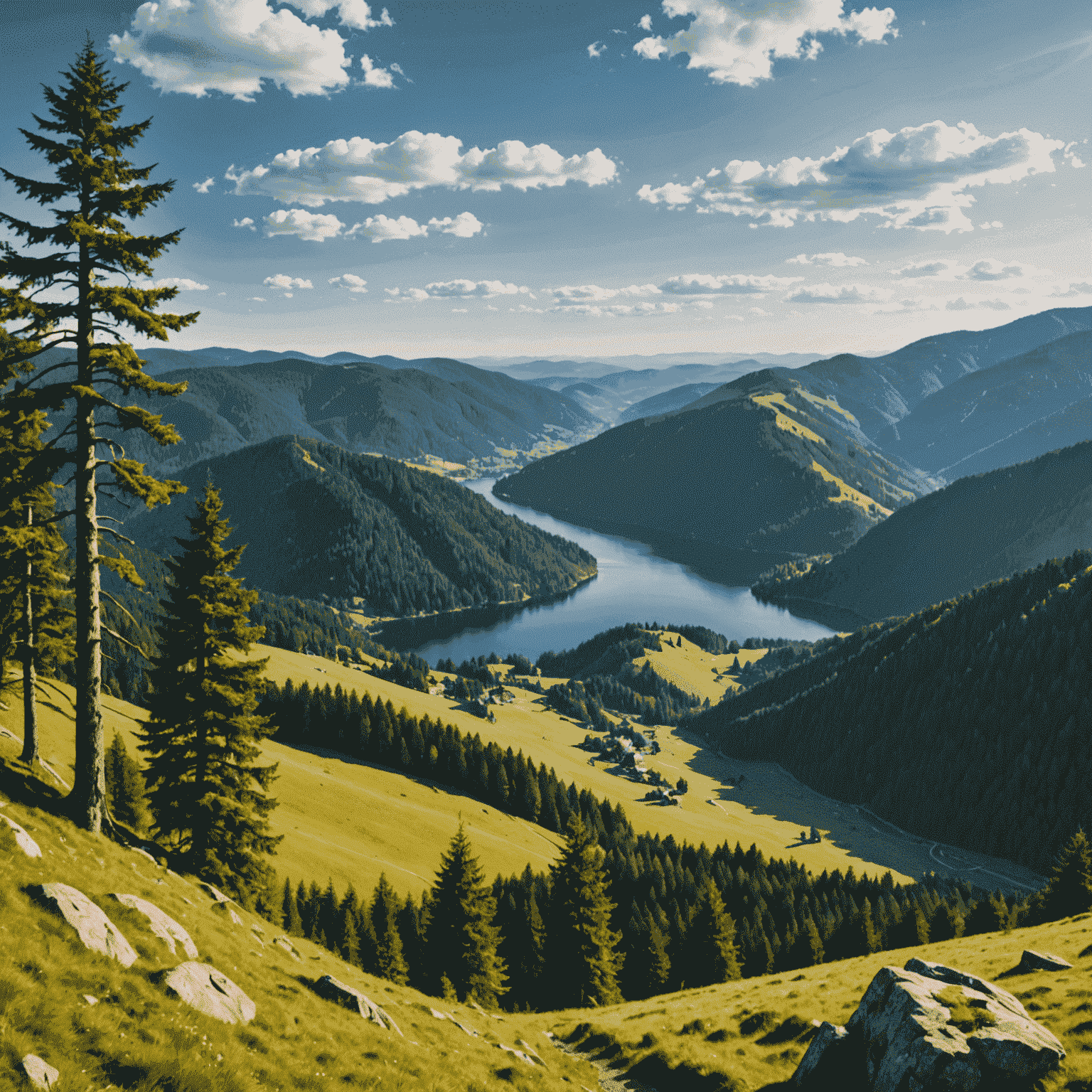Ein malerischer Ausblick von einer Bergspitze im Schwarzwald, mit rollenden Hügeln, dichten Wäldern und einem klaren Bergsee im Tal