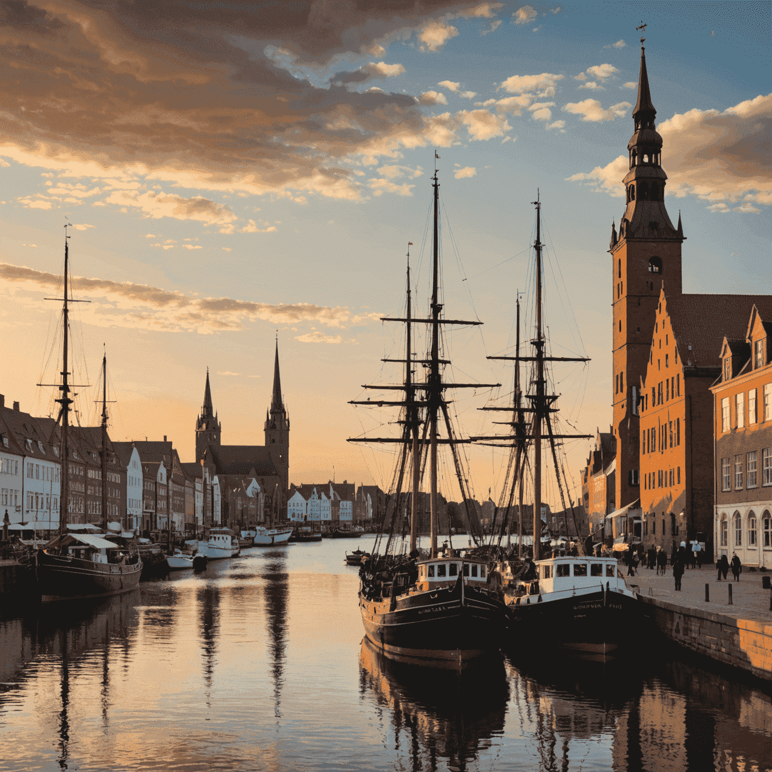 Blick auf den historischen Hafen von Wismar bei Sonnenuntergang. Im Vordergrund sind alte Segelschiffe zu sehen, im Hintergrund die charakteristische Silhouette der Stadt mit den Türmen der Backsteingotik-Kirchen.