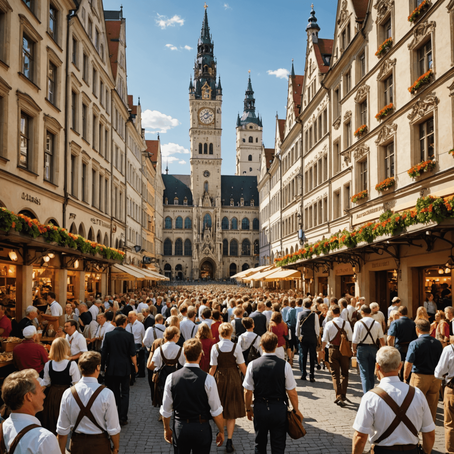 Munich's Marienplatz during Oktoberfest, with the Neo-Gothic New Town Hall in the background. The square is filled with people in traditional Bavarian dress, colorful festival decorations, and the iconic Frauenkirche towers visible in the distance.