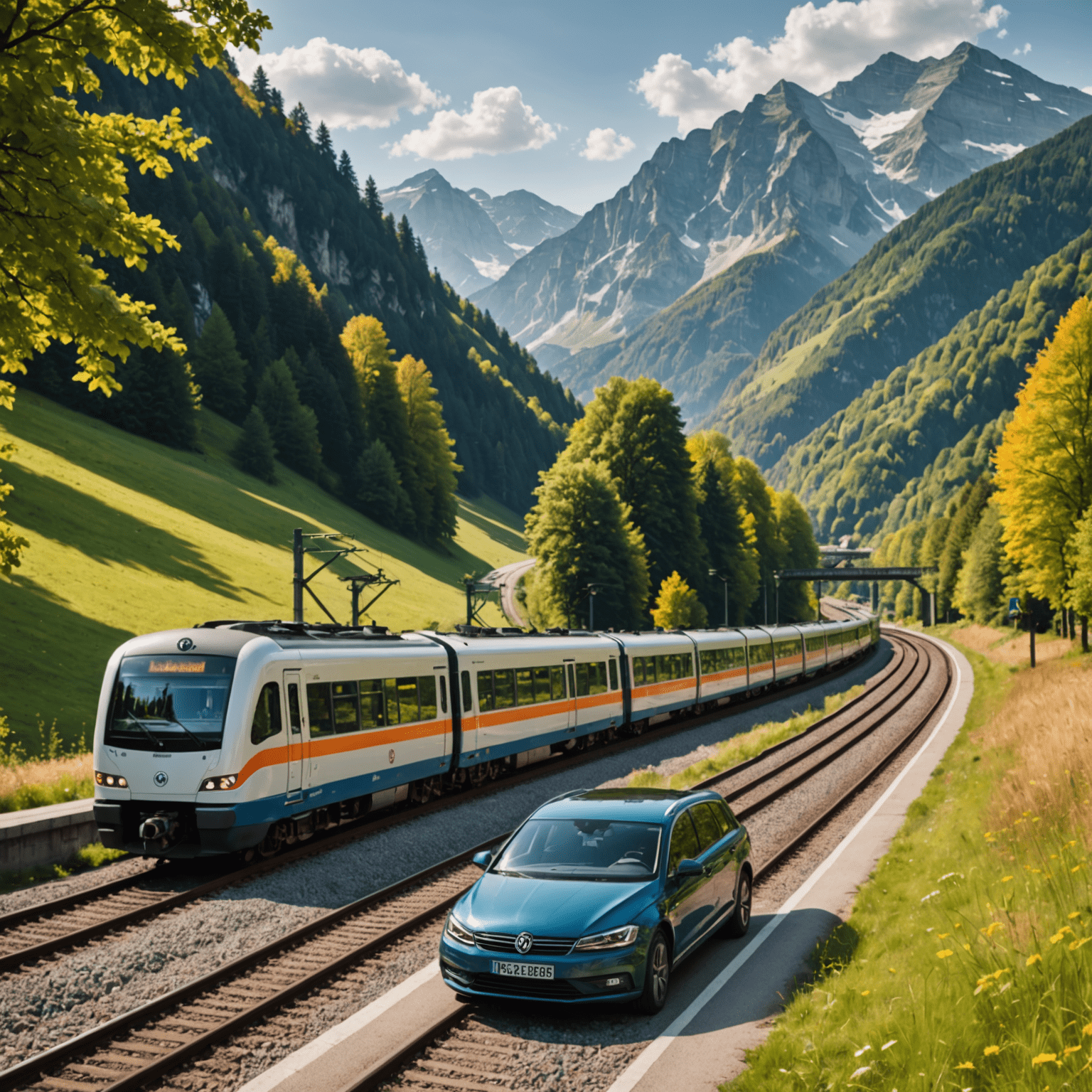 Eine Montage von verschiedenen Transportmitteln in Deutschland, einschließlich Züge, Mietwagen und private Transfers vor dem Hintergrund deutscher Landschaften
