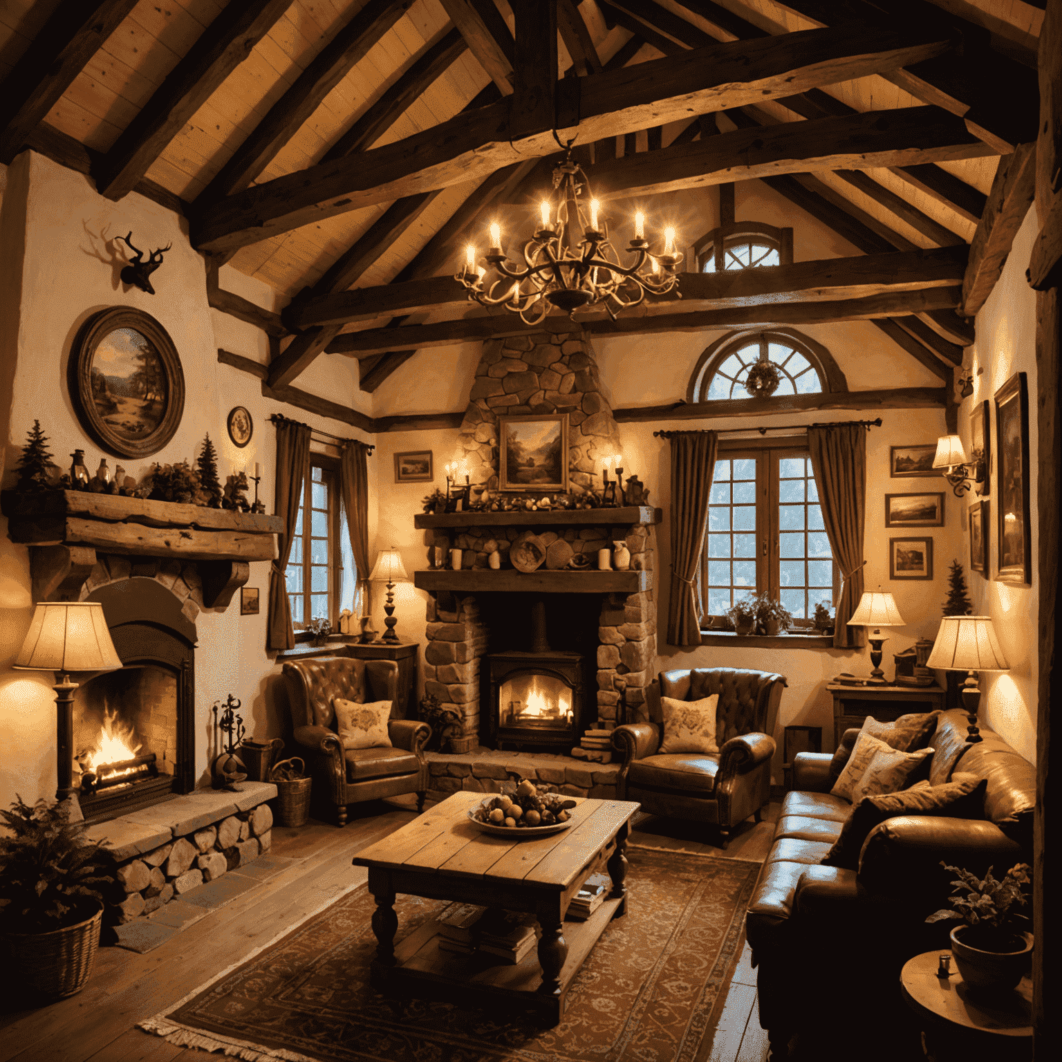 A cozy interior of a Black Forest guesthouse with wooden beams, a fireplace, and traditional German decor
