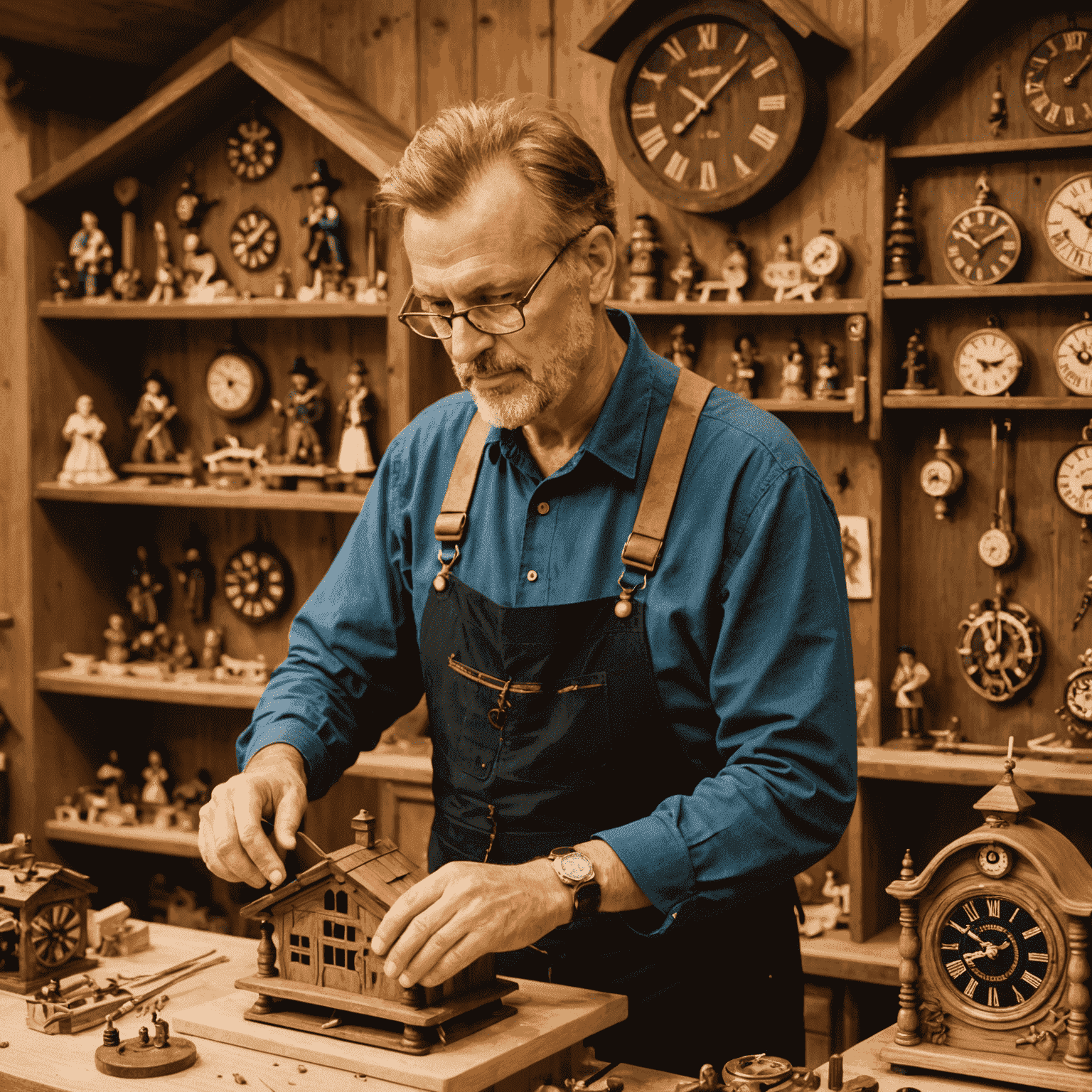 Kuckucksuhr-Werkstatt im Schwarzwald. Ein Uhrmacher zeigt Besuchern die feine Handwerkskunst der Kuckucksuhr-Herstellung.