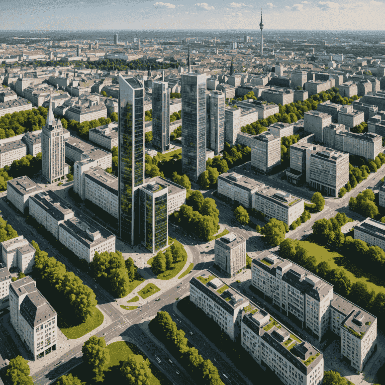 Panoramablick auf eine moderne deutsche Großstadt mit einer Mischung aus historischer Architektur und futuristischen Wolkenkratzern, belebt durch grüne Parkanlagen