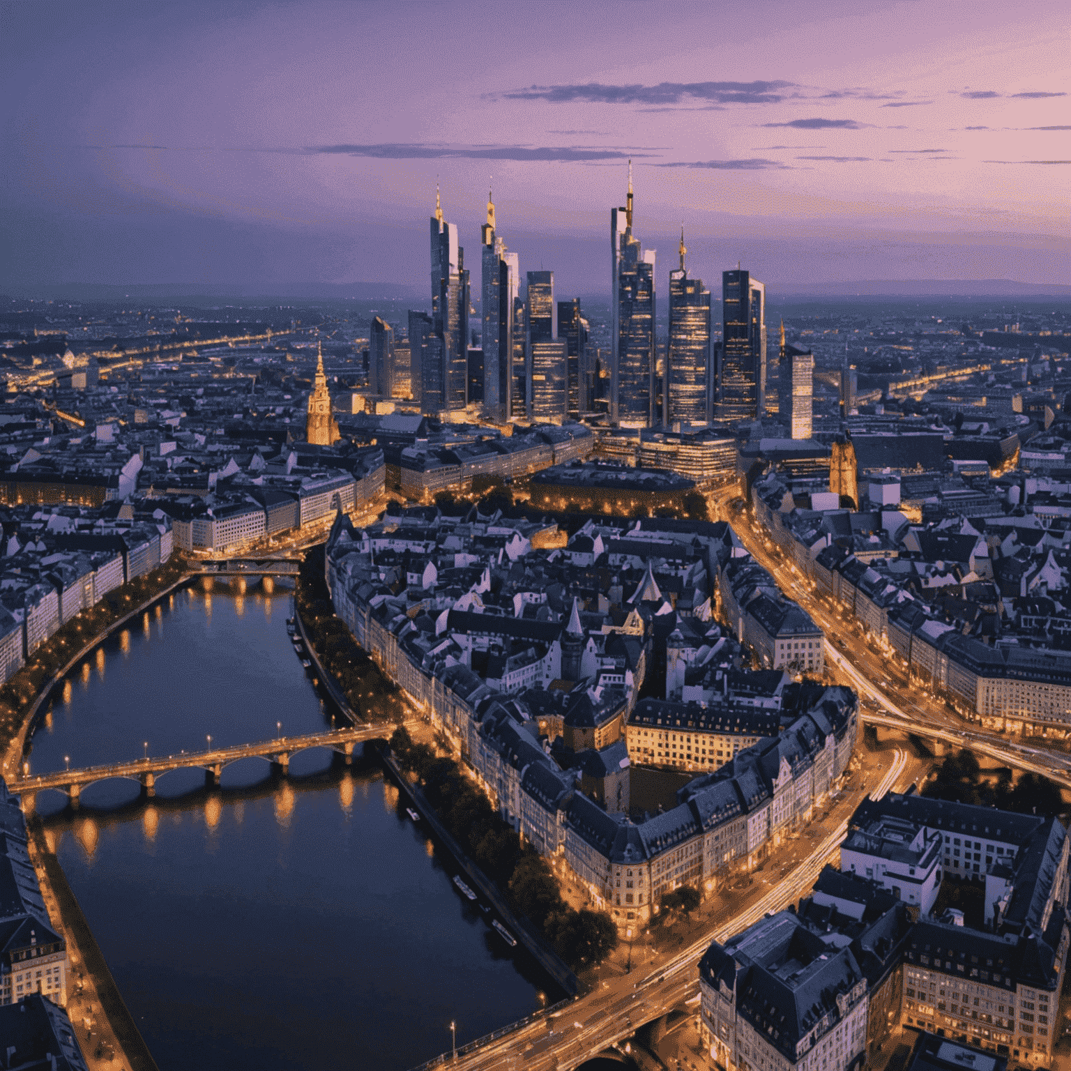 Aerial view of Frankfurt's financial district at dusk, showcasing the modern skyscrapers illuminated against a purple sky. The Main River winds through the foreground, with historic bridges connecting the old town to the financial center.