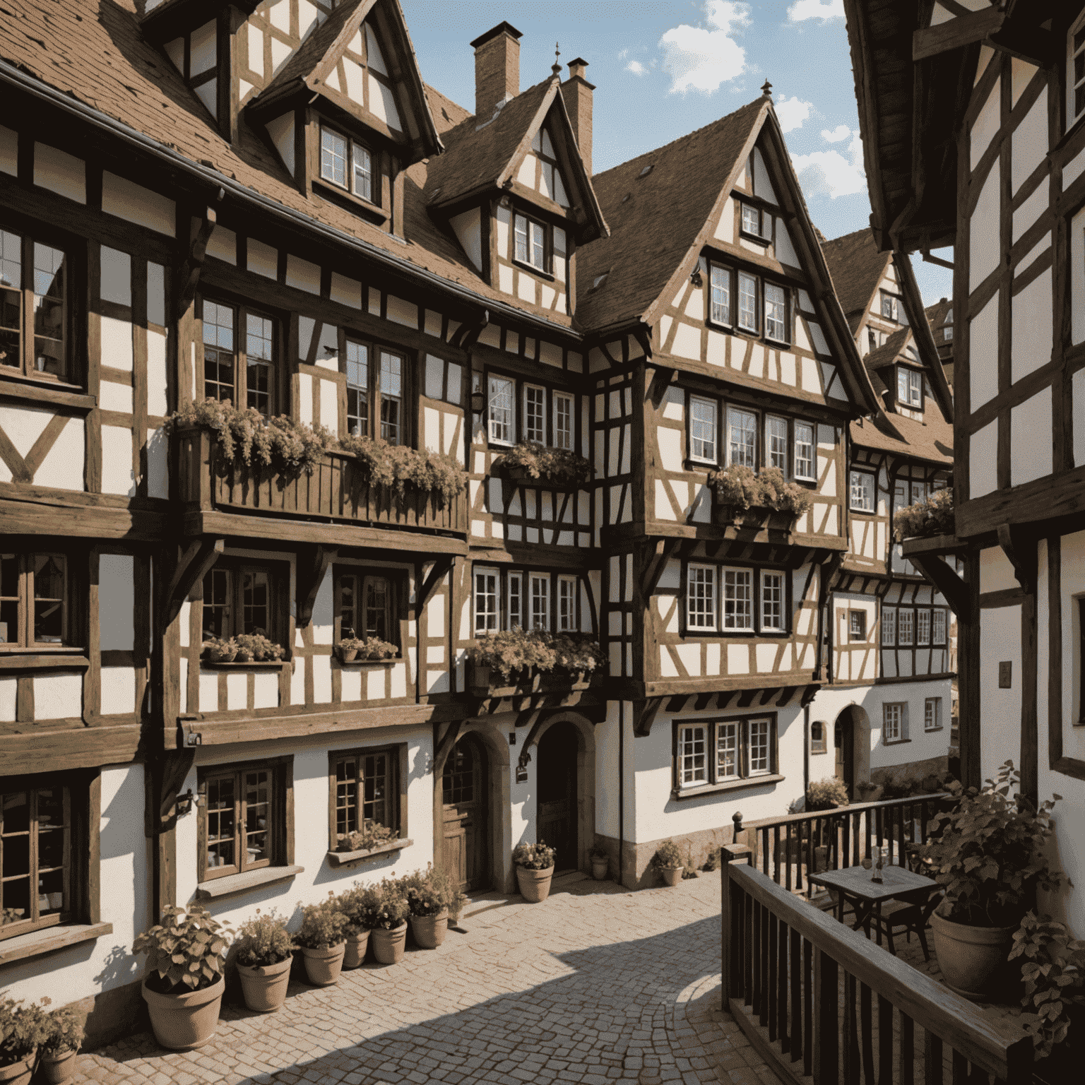 A modern apartment with a balcony overlooking a picturesque German village with half-timbered houses