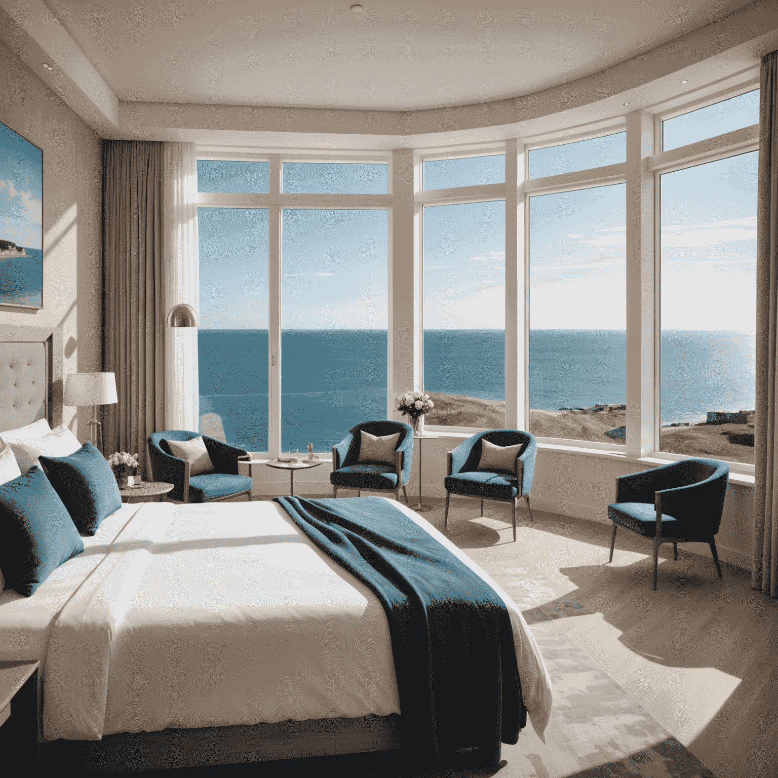 A luxurious hotel room with a panoramic window offering views of the Baltic Sea coastline
